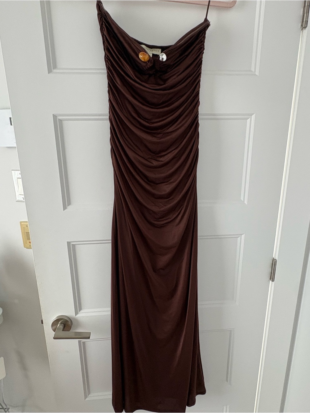 Brown Ruched Maxi Slip Dress with Spaghetti Straps